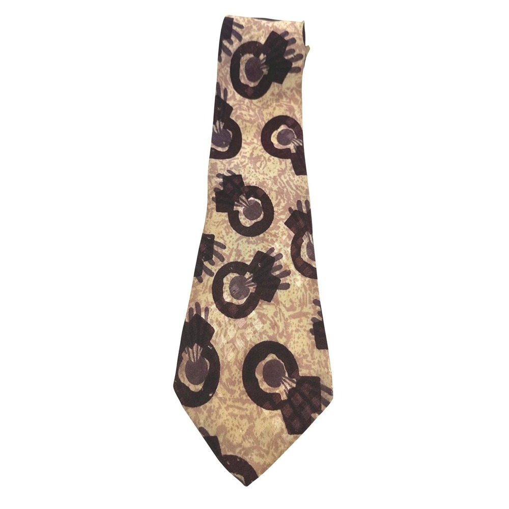 Vintage 70s Abstract Geometric Silk Blend Dark Academia Wide Tie Brown Tan